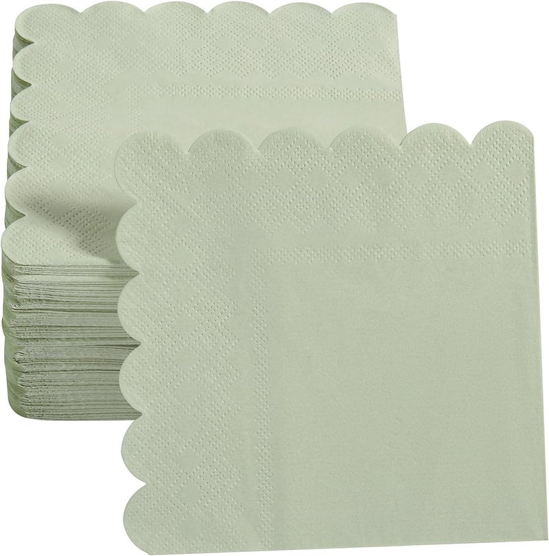 BEFORYOU 100 Pack Cocktail Napkin 2-Ply Scalloped Edged Dessert Napkins Folded 5 x 5 Inches Disposable Napkins for Dinner Wedding Birthday Party Bridal Anniversary Reception Event (Sage Green) - Image 4